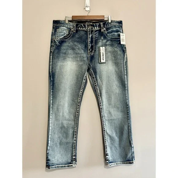 True Luck Mens Bootcut Jeans Flap Pockets Thick Stitch Western Embroidered 38x30 - Picture 2 of 16